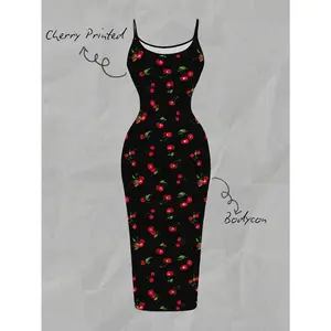 【UrbanFit Women】Casual Easy Cherry Print Suspender Skirt, Suitable for Summer