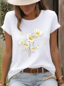 2026 Women's Round Neck Casual T-Shirt, White Daisy And Butterfly Print T-Shirt, Fresh And Natural Style, Countryside Floral And Insect Design, Round Neck Top, Breathable, Lightweight And Comfortable, Perfect For Spring And Summer, White Tops,Machine Wash