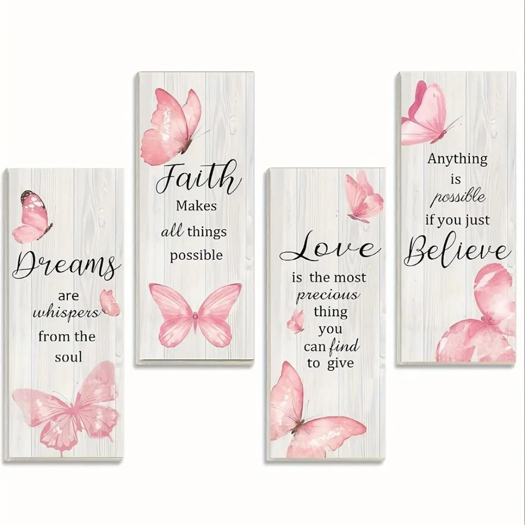 4pcs Set Wooden Wall Art - Frameless Dreams Butterfly Decor with Inspirational Quotes: Faith, Love, Believe - Rustic Bathroom & Home Decor Gift for Bedroom & Living Room