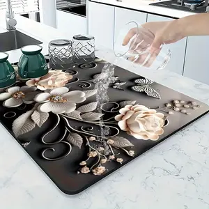 Luxury Floral Print Drying Mat, Absorbent Quick-Dry Kitchen Counter Pad, Non-Slip Coffee Machine Drainage Pad, Rubber Material, Home Essential, Floral Pattern Placemat