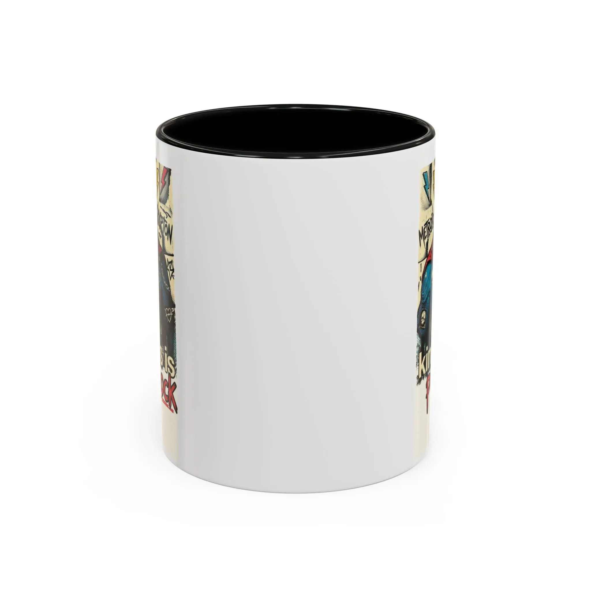 Kindness Is Punk Rock Superman Accent Coffee Mug — Retro Superhero Graphic (11oz/15oz)