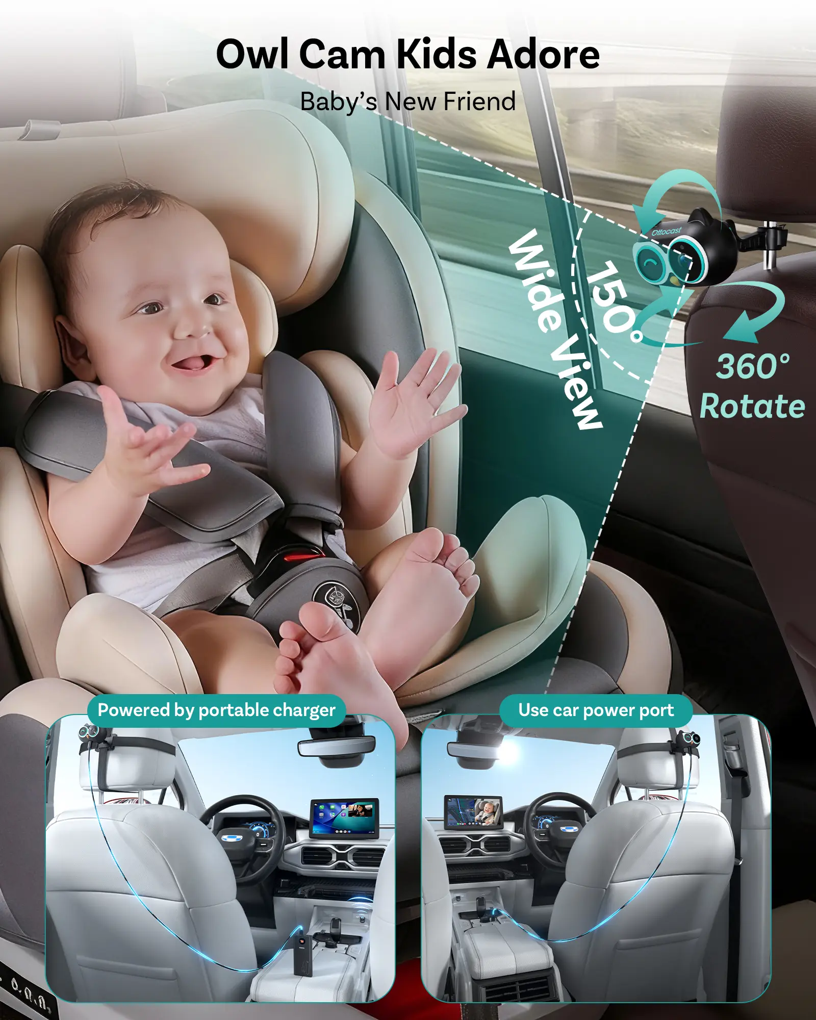 OTTOCAST Baby Car Camera &Wireless CarPlay Adapter,1080P HD Rear Seat Monitor Display on Car Screen,150°Wide Angle No-Glow Night View, Safety for Kids & Infants