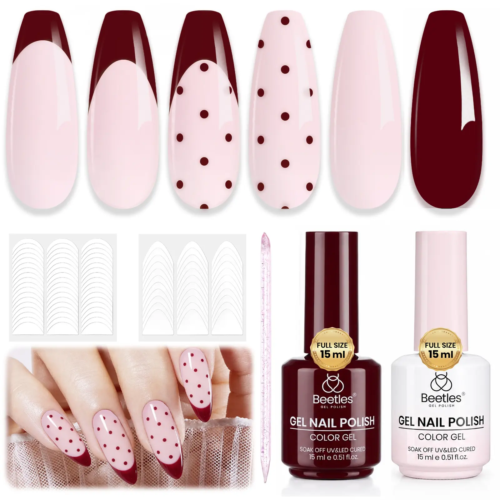 Beetles Burgundy Gel Polish Set, Rosy French 15ml Easy French Tips Kit | Burgundy Jelly Nude Pink Fall Colors Polish with French Nail Stickers Soak Off Uv Gel Manicure Nail Art Design