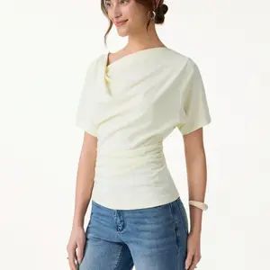 Asymmetrical Cowl Neck Ruched Top -  Cornsilk 0XB