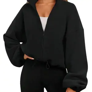 Women's Spring Fleece Crop Jacket With Zipper And Drawstring