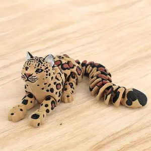 3D Printed Adjustable Movable Leopard Figurine Ornaments, Snow Leopard Texture Design, Full Joint Movement, 19cm/7.48 Inches, Decorative Desk Decor Gift Idea