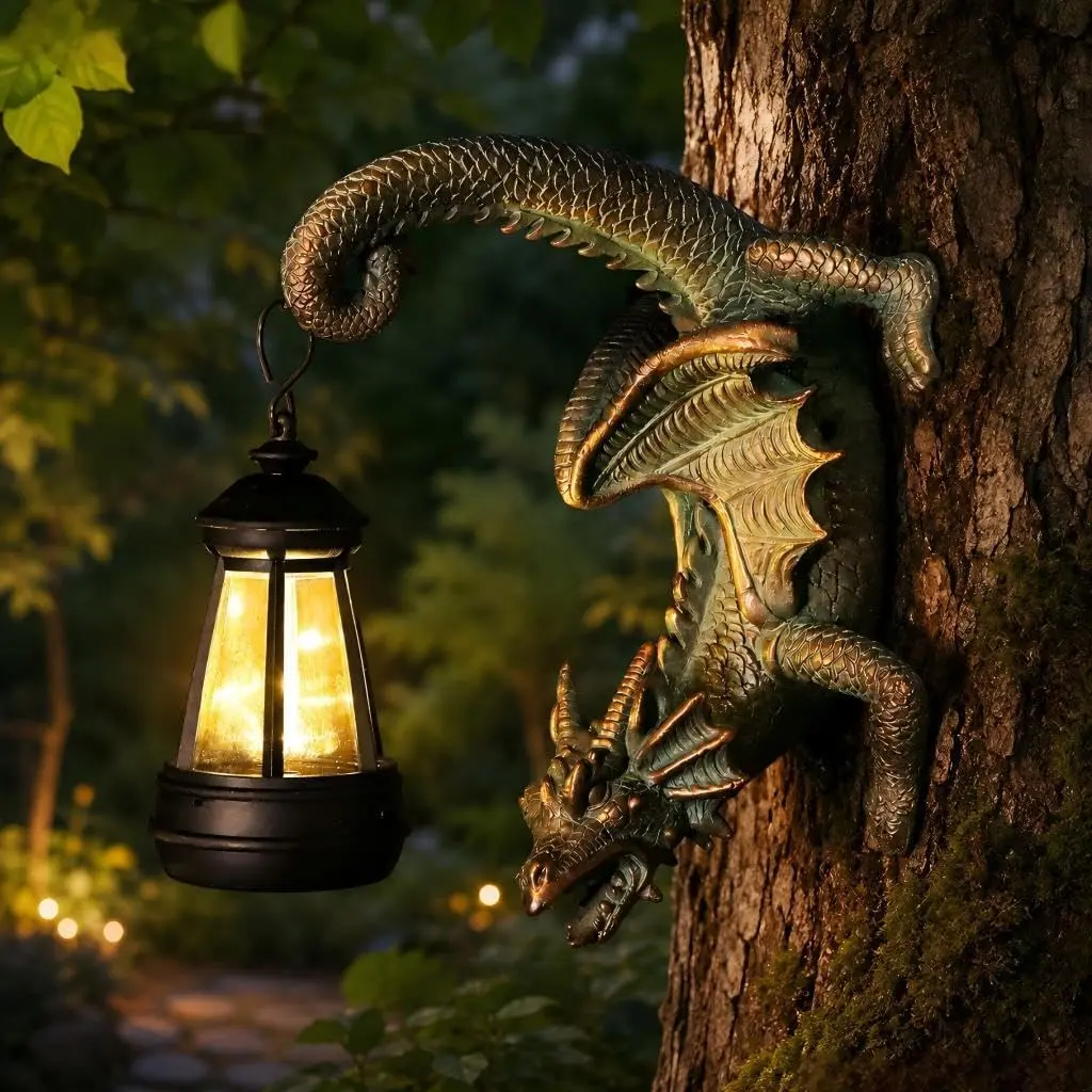 Solar Dragon Tree Hugger Statue Wall Decor:Outdoor Lights Decoration | IP45 Waterproof , Fantasy Dragon Figurine for Tree Wall Yard Fences Porch Balcony Patio Home Deco - Gifts for Women & Men