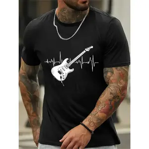 Men's 42 Cotton Music & Heartbeat Graphic T-Shirt - Breathable Micro-Stretch Knit, Rock Band Design with Guitar & Sound Waves, Regular Fit Casual Summer Tee for Music Lovers, Machine Washable White Shirt