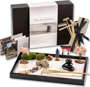 Zen Garden Kit 11X8In. Beautiful Japanese Decor Mini Rock Garden Gift Set for Home, Office Desk. Zen Sand Garden, 6 Tools, 15 Accessories. Sand Tray Therapy Desktop Meditation Room