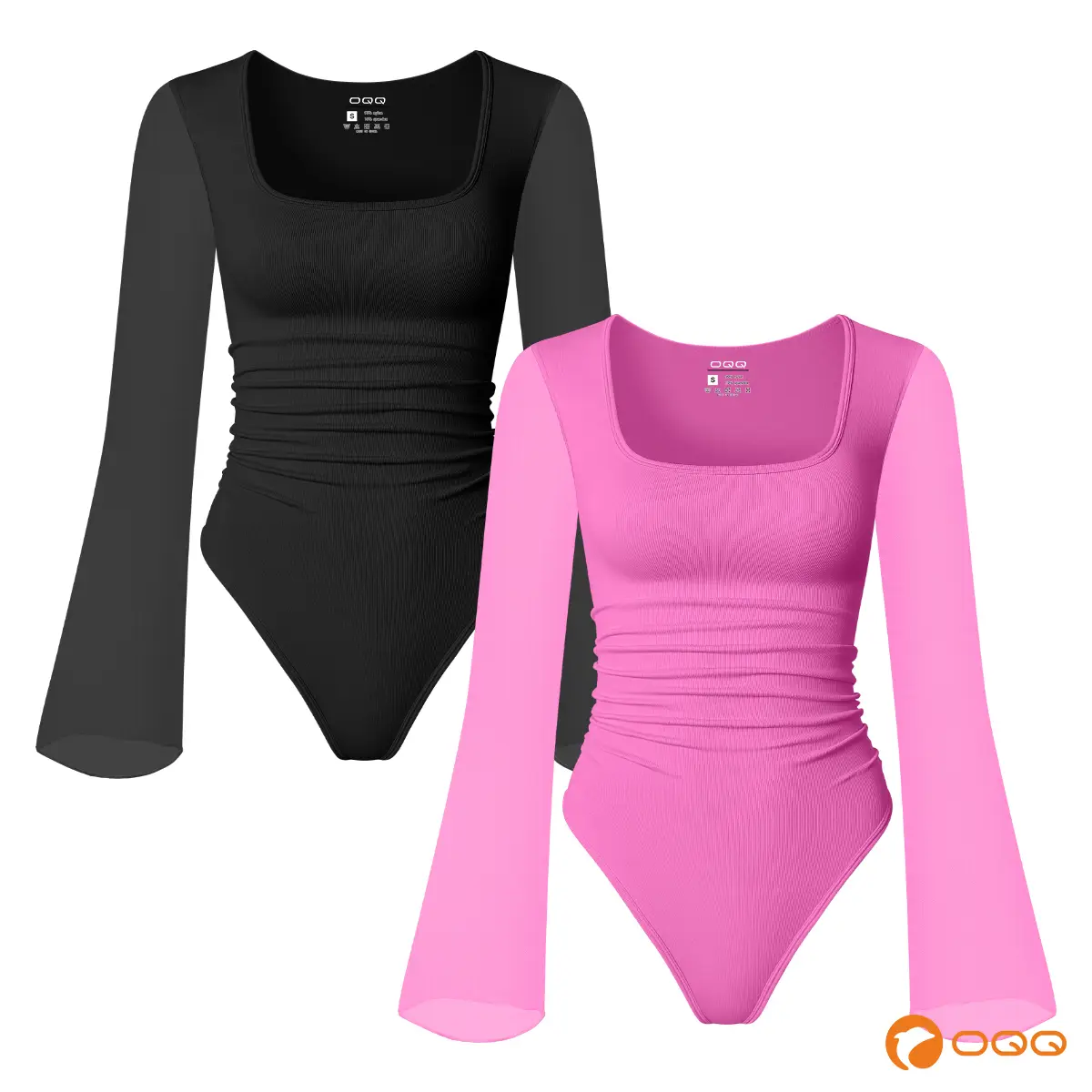 OQQ-Nine cents Women's Square Neck Body Suit Sheer Mesh Flared Long Sleeve Bodysuit Shirt Tops Womenswear Stretchy Fabric Shapewear