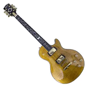 Les Paul Custom Guitar Yellow Flame Maple Veneer Tree Of Life Abalone Shell Inlay Gold hardware