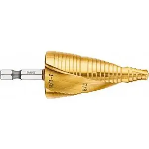DEWALT High-Speed Steel Split Point Step Drill Bit, Model DWA1789IR, 2 Hole Sizes (7/8"-1-1/8" Diameter), 5/32" Step Length, 1/4" Hex Shank, TiN Finish