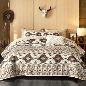 - Set, Southwestern Aztec Style with Rustic Ranch Vibe, Reversible Lightweight Bedspread Coverlet, 3 Pieces, Beige Brown, Queen/Full Size