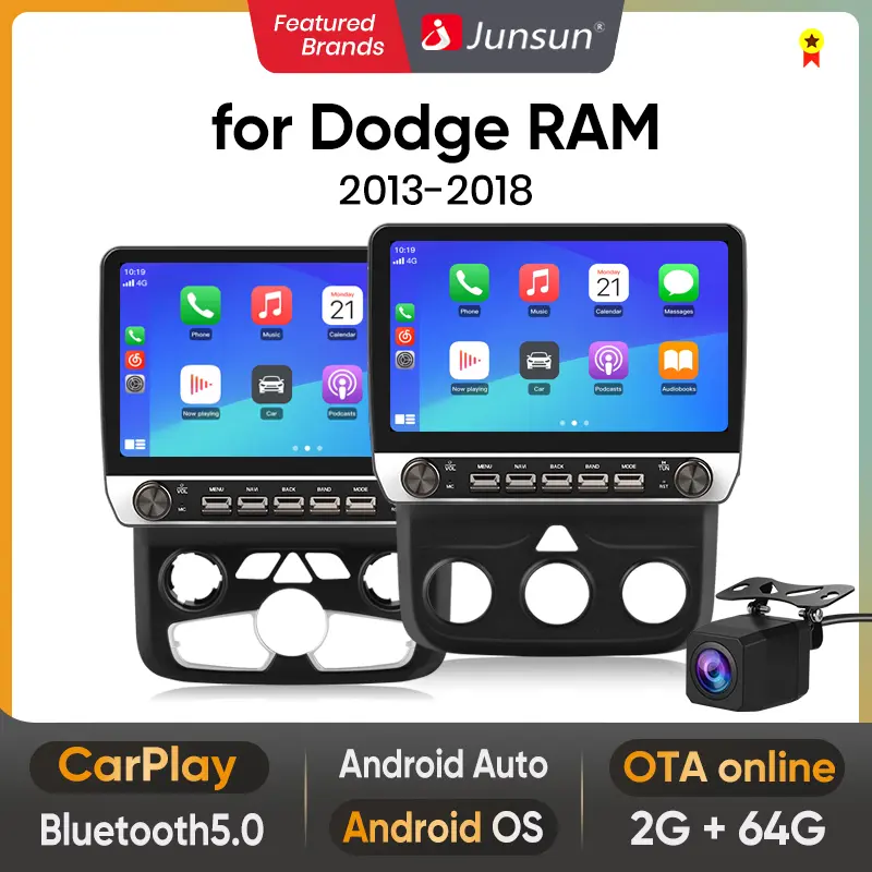 Touchscreen Car Stereo for Dodge RAM 1500/2500/3500 (2013-2018) - Android 13, Wireless CarPlay, Android Auto, Bluetooth, Manual AC, GPS Navigation, Rear View Camera Input