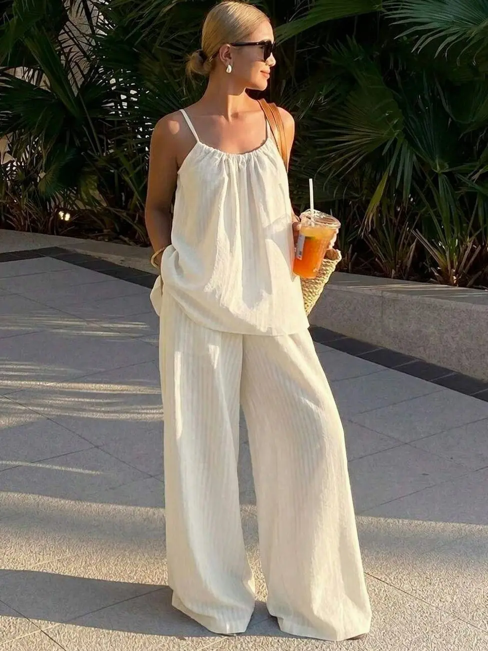 Women's Halter Backless Cami & Wide Leg Pants Set, Elegant 2 Piece Matching Outfit, Summer Vacation Resort Wear, Beach Holiday, Wedding Guest, Travel, Brunch & Casual Chic Set
