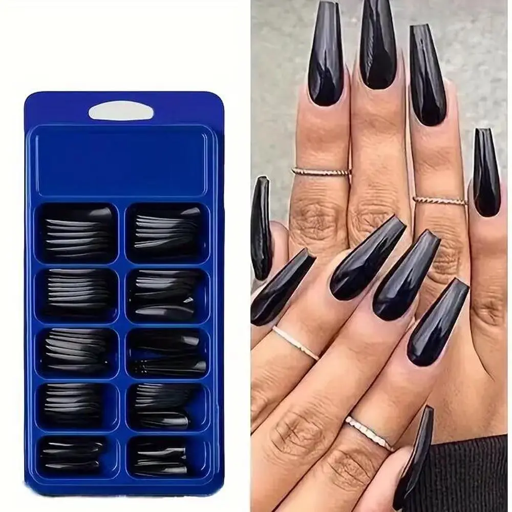 120Pcs Black Long Coffin False Nails Acrylic Square Full Cover Ballet Fake Nails Tip Extension for Women Wearable Press on Nails
