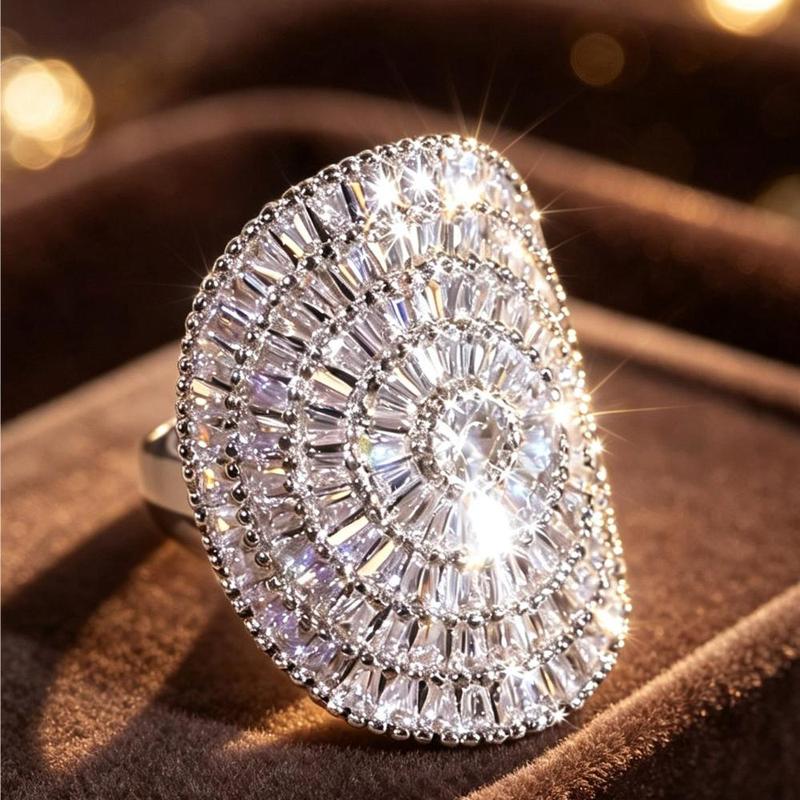 Women's Luxury Art Deco Multi-Layer Halo Ring - Oval Multi-Row Inlaid Brilliant Cut Cocktail Jewelry, Glamorous Female Flower-Adorned Fashion Accessory, Anniversary Wedding Gift