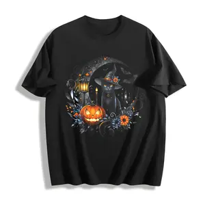 Women's Vintage Gothic Witch Black Cat & Bats Print T-Shirt - Soft Stretch Round Neck Short Sleeve All-Season Top with Spooky Pumpkin & Moon Design - Halloween Party Outfit (S-XXL, Green & Multi-Color Options) - Casual Comfortable Casual Attire