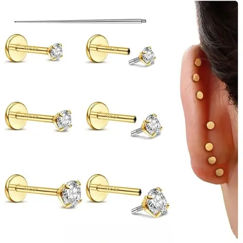 GEMQUEEN 16G-18G Multi-Size Flat Back Stud Earring Stacking Set, 14K Gold Filled Hypoallergenic Surgical Steel Internal Thread Cubic Zirconia Unisex Body Jewelry for Helix, Tragus - Sensitive Ears, Daily Sleep-Friendly, Water-Resistant