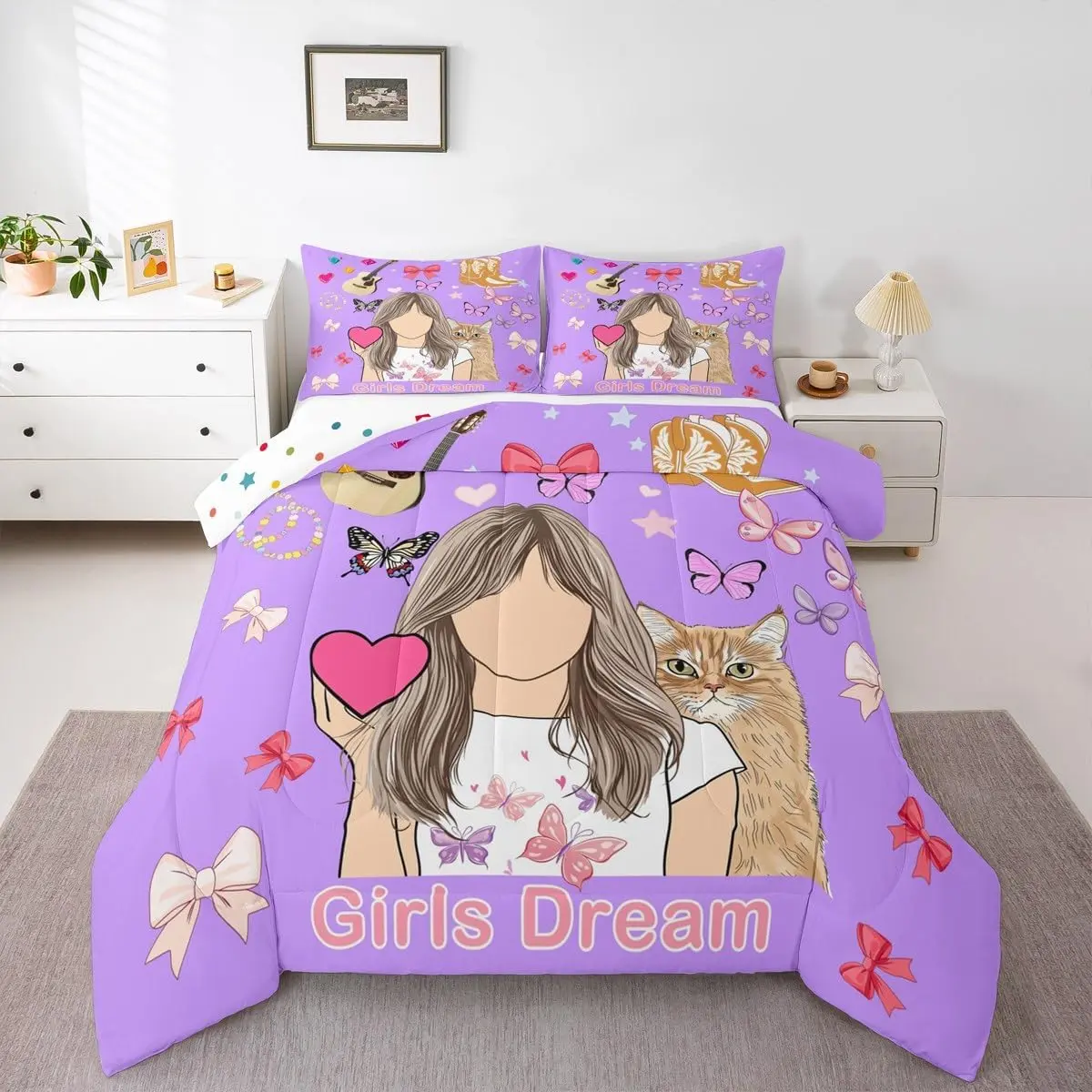 Feelyou Music Guitar Duvet Comforter Set - Soft Warm Bedding with Disco Ball, Cowgirl, Cute Bows, Cat, Butterfly Designs for Girls, Soft Comfy Blanket