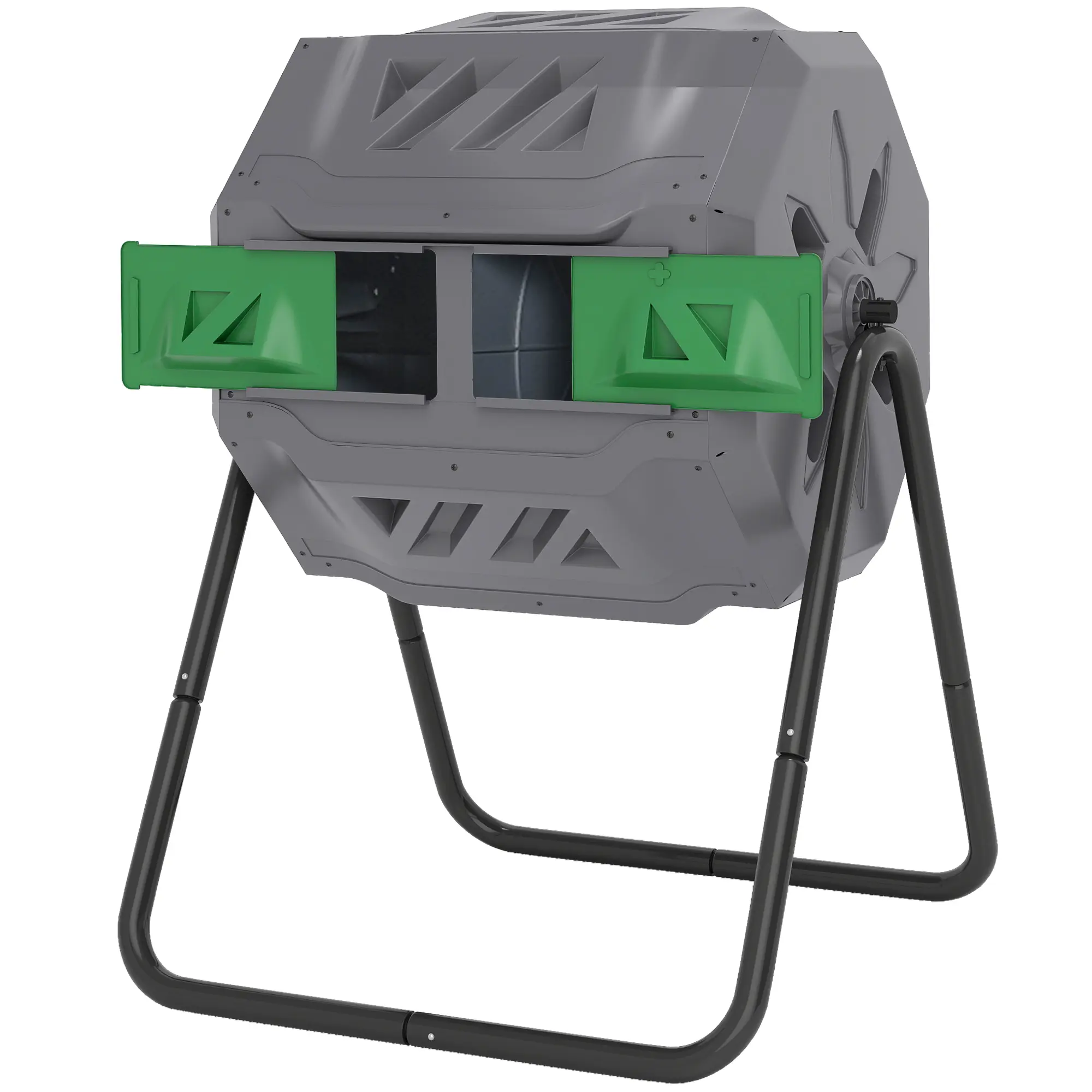Light Gray 360 Degree Rotating Compost Tumbler Dual Chamber 42.3 Gallon Capacity Outdoor Garden Composter with Steel Frame PP Plastic and Sliding Doors for Organic Waste Recycling Backyard Composting