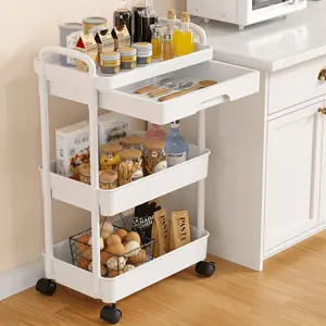 Rolling Utility Cart with Drawer 3 Tier, Plastic Rolling Cart with Handle & Lockable Wheels, Storage Shelves Organizer Cart, Multifunctional Storage Cart for Kitchen Bathroom Office Living Room Black Household Rack