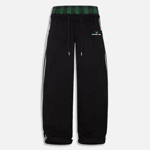 AELFRIC EDEN Women's Retro Athletic Embroidered Double-Waist Grunge Plaid Patchwork Pants - Unisex Extreme Baggy Wide-Leg Sweats, Casual Streetwear Pants for Streetwear Clothing & Lounge Wear, 2025 Trendy Bottoms