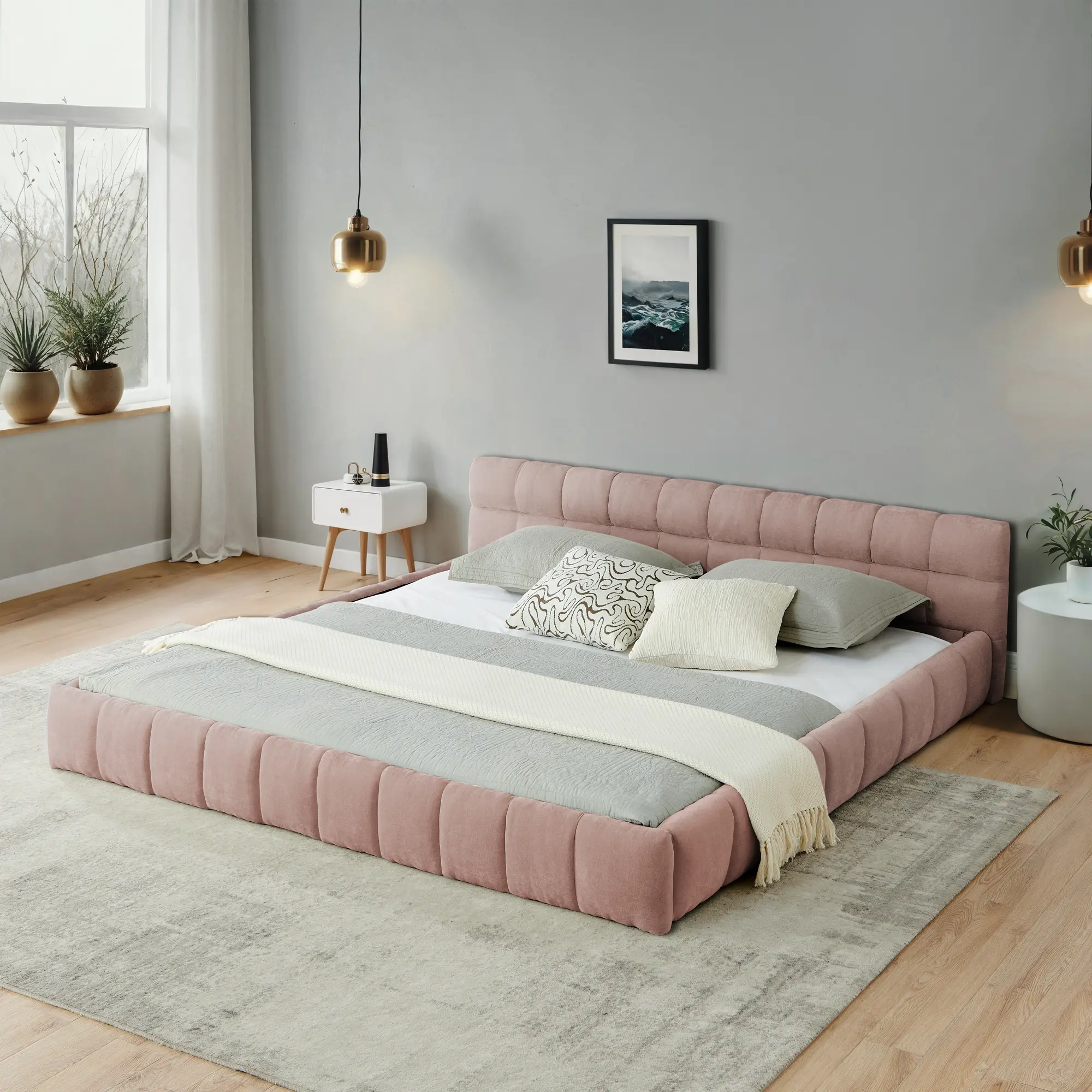 DREAM CLOUD BED! ️ California King Size Upholstered Bed Frame (90.5''*80.5''*31'')  - No Box Spring Needed, 5-Min Assembly!  Chenille Fabric Grounded Queen Size Platform Bed strong weight capacity