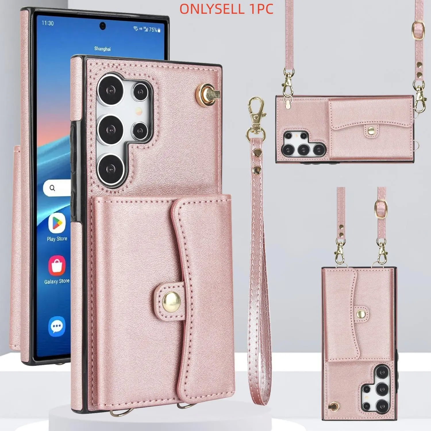 [KQ]Pure Color Wallet PU Leather Lanyard Anti-Drop Protection Cellphone Case For Galaxy S25/24/23Ultra Plus S24 Fe With Card Holder Stand Rfid Shield Shockproof Protector Cover Accessories