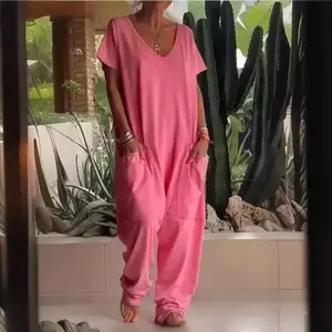 Must-Have Yellow Baggy Romperl V-Neck Pocket Jumpsuit, Soft Light weight Polyester for Spring to Summer Beach & Vacation Outfits