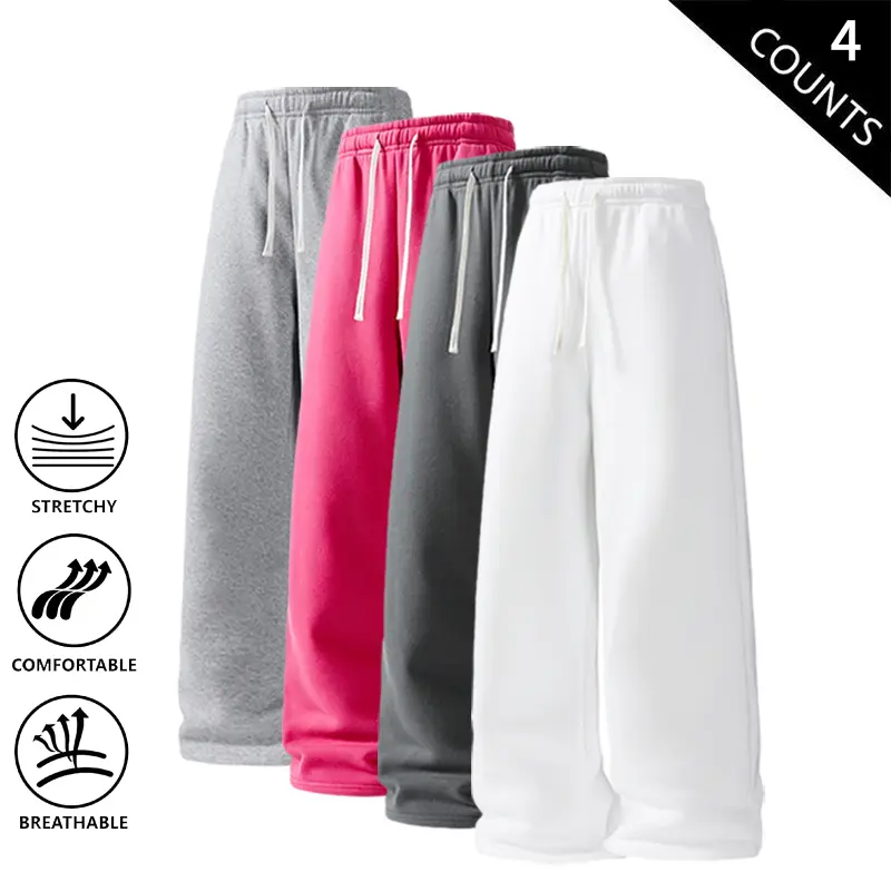 Men’s 4-Pack Comfortable Sweatpants, Elastic Waist Drawstring Loose Fit Pants, Stretchable & Breathable Wide Leg Trousers for All-Day Wear
