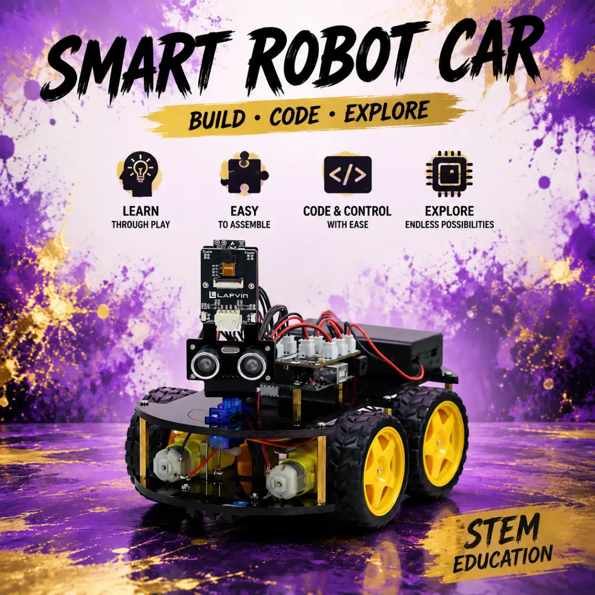 Smart Robot Car Kit for Beginners – Easy DIY Assembly with Arduino UNO R3, 4 Modes: Line Tracking, Obstacle Avoidance, Follow & IR Control, STEM Toy Gift
