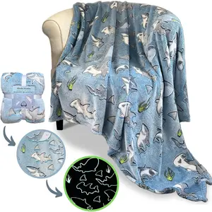 Glow in The Dark Fleece Blanket Cozy Soft Lightweight Warm 50" x 60" for Boys and Girls with Hammerhead Mako Whale Great White Sharks (Blue)