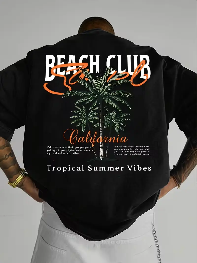 California Beach Club Palm Tree Graphic T-Shirt, Tropical Summer Vibes Back Print Oversized Streetwear Tee
