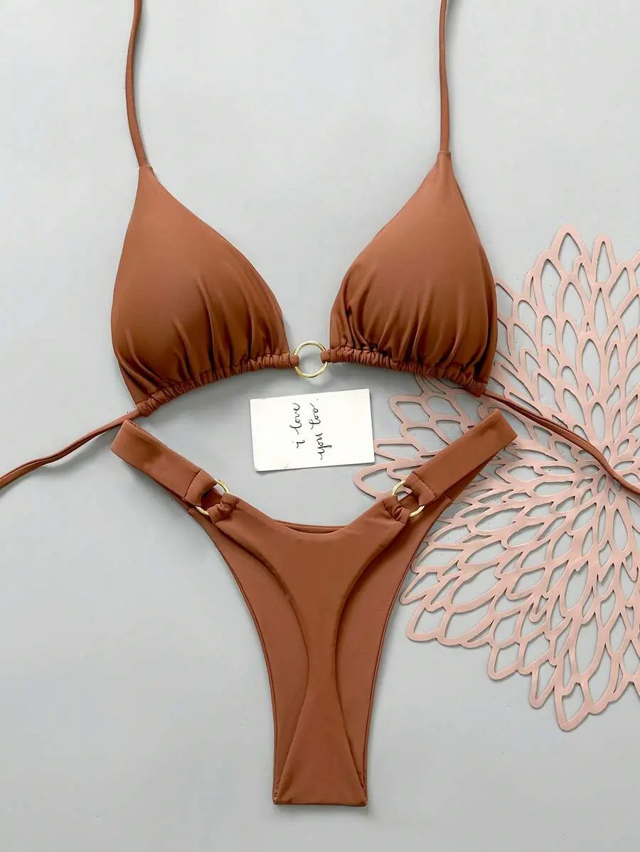 Women's Solid Color Ring Decor Spaghetti Strap Two-Piece Bikini Set