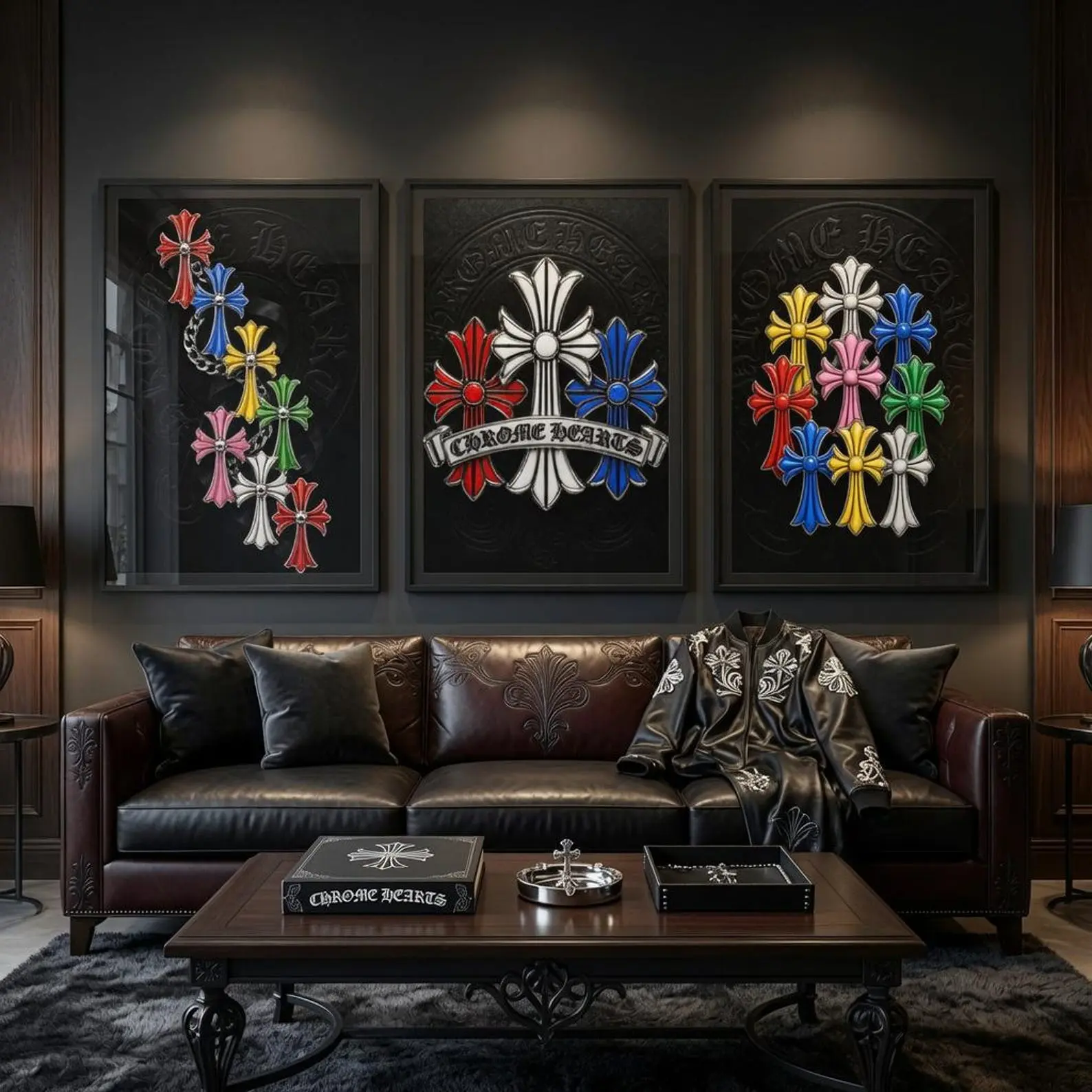 Chrome Hearts Wall Art Set of 3, Colorful Gothic Cross Posters, Chrome Hearts Decor, Hypebeast Y2K Luxury Streetwear Room Wall Decor Prints