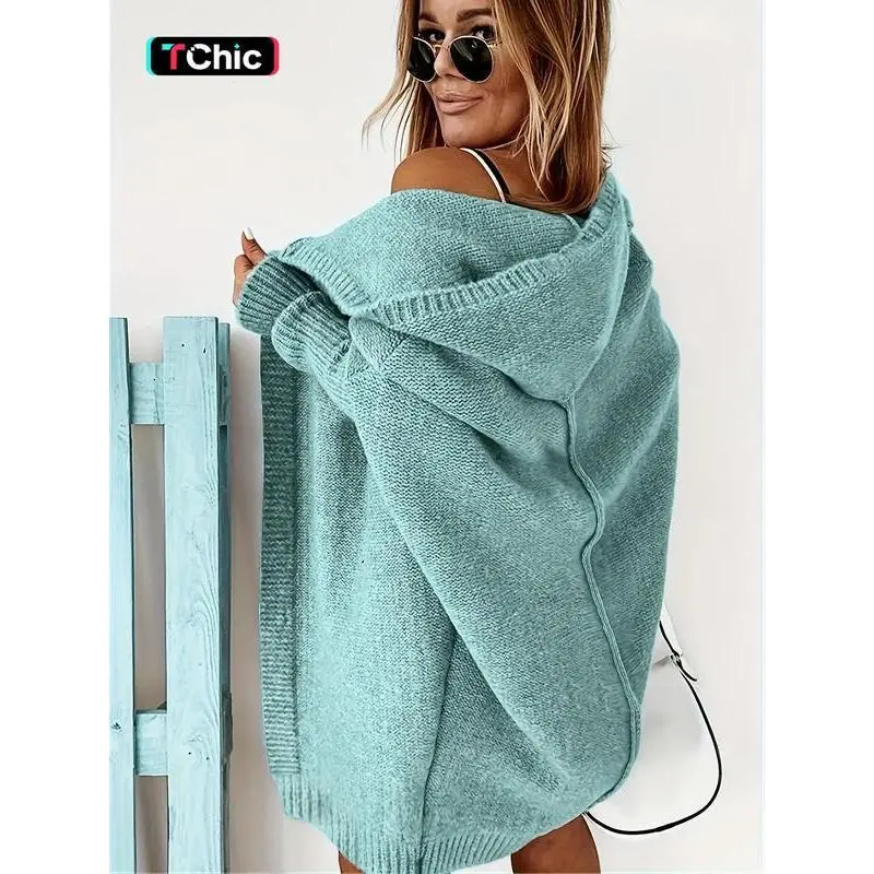 NewWomen's Plain Drop Shoulder Hooded Midi Cardigan Without Top, Casual Chic Long Sleeve Open Front Knitwear for Daily Outdoor Wear, Women Knitwear Can be used with raincoat