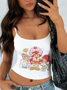 Black Strawberry Shortcake Graphic Cami Top, Y2K Spaghetti Strap Crop Tank, Cute Cartoon Print Baby Tee for Casual Streetwear, Retro 90s 2000s Style Summer Outfit