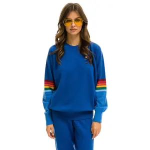 RAINBOW STRIPE SLEEVE UNISEX CASHMERE LIGHT SWEATER - VINTAGE BLUE RAINBOW STRIPE SLEEVE UNISEX CASHMERE LIGHT SWEATER - VINTAGE BLUE