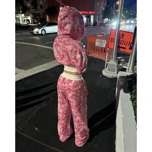 Fashion Sportswear Two Piece Suit Womens Hip Hop Pink Camouflage Short Waist Hugging Slim Hoodie Casual Loose Sports PantsGift