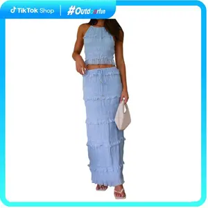 Women Summer Outfit Shirred Tie-up Halter Neck Sleeveless Open Black Tank Tops Drawstring Long Skirt 2 Pcs Set Outdoorfun