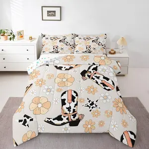 Western Bedding Set,Cowgirl Boots Hat Comforter Set,Girls Kids Bedroom Decor,Rustic Farmhouse Milk Cow Print Bed Set,Orange Groovy Flower Quilt