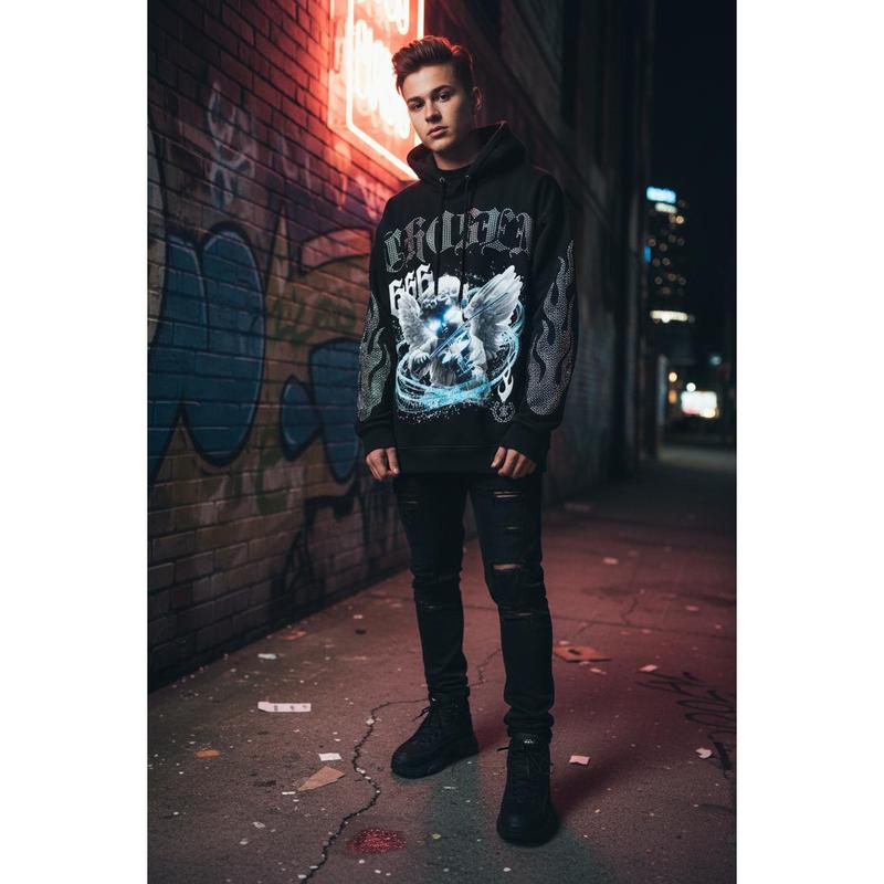 Heavyweight Rhinestone Hoodie Black Urban Streetwear Angel Graphic Design with Rhinestone Flame Details Long Sleeve Unisex Comfortable Regular Fit