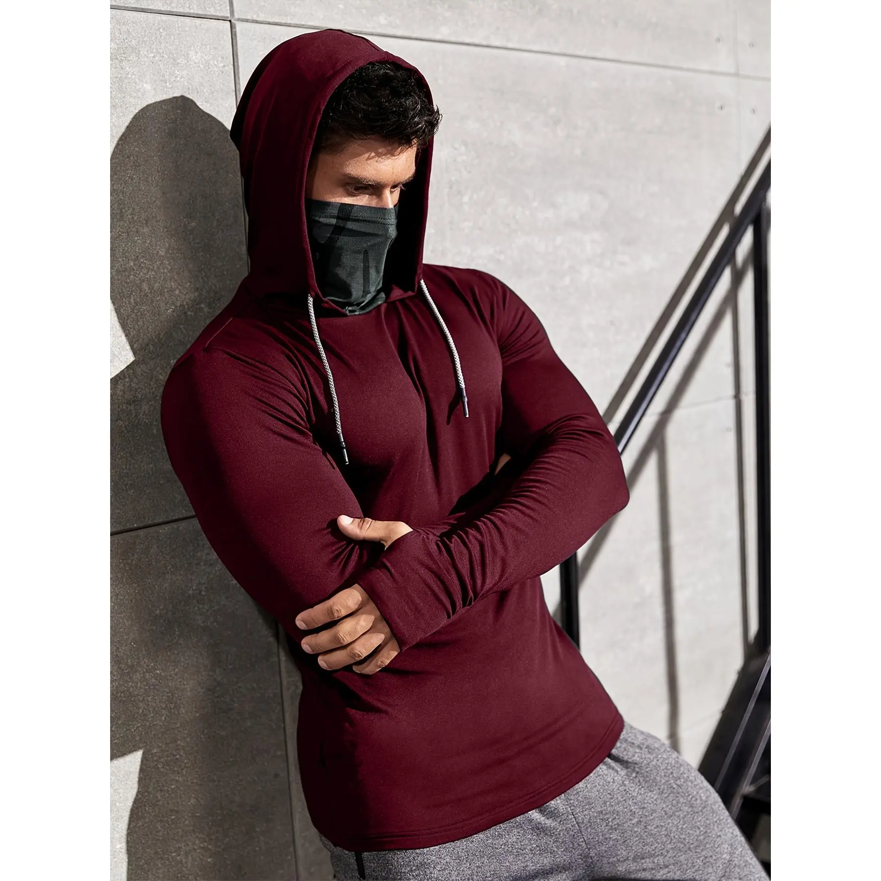 Men's Fleece-Lined Hoodie, Polyester 95% Elastane 5%, Medium Stretch Knit Fabric, Color Block Pattern, Casual Sports Style for Running, Hiking & Outdoor Activities, Regular Fit Hooded Sweatshirt