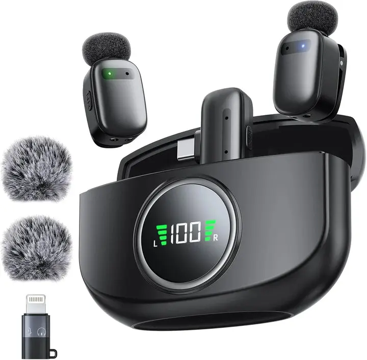 Wireless Dual Lavalier Microphone System - Mobile On-the-Go Audio Solution, Compatible with Lightning-Enabled Smartphones