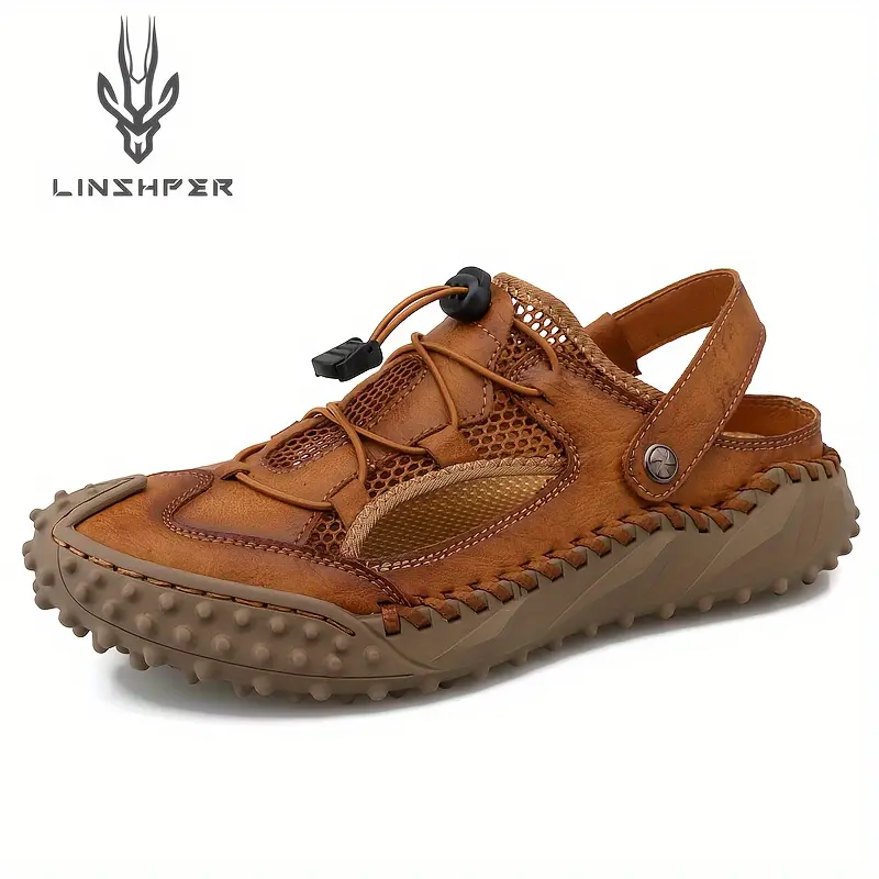 Linshper Men's Hand-Stitched Sandals - Brown Ultra-Fine Synthetic, Non-Slip Rubber Sole, Adjustable Elastic Band, Breathable Woven Design for Indoor & Outdoor Beach Casual Wear, Casual Sandals | Casual Design | Nonslip Sole, Linshper, Gift