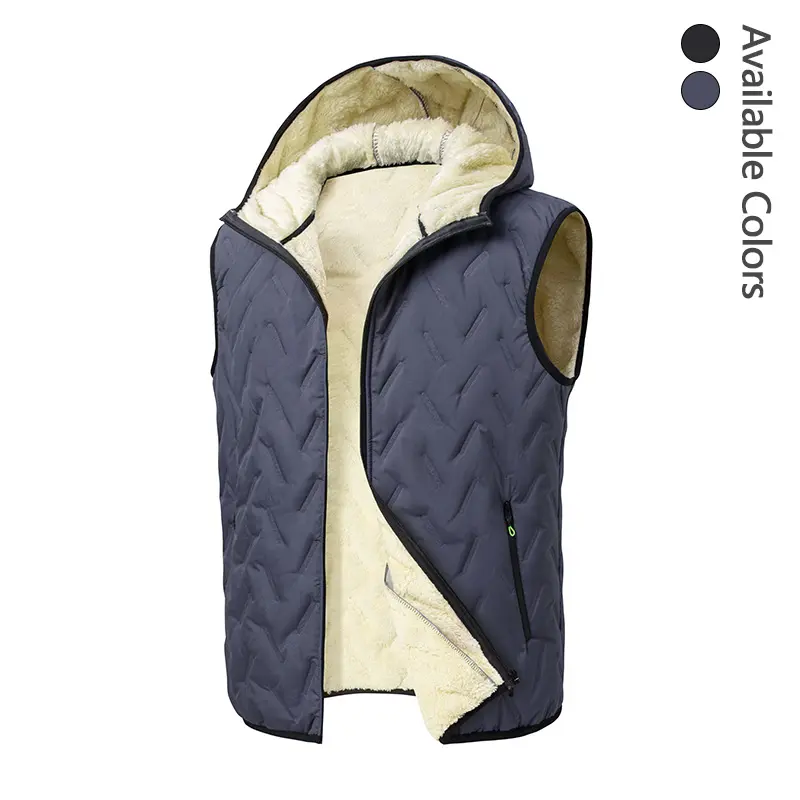 Men’s thick down vest with fleece lining, hooded, winter warm, quilted, sleeveless jacket with full zip pockets—warm outdoor casual bodywear