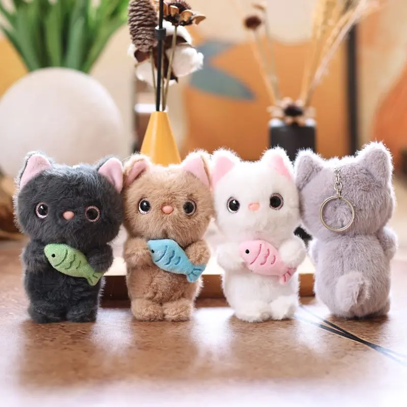 Soft Fluffy Cat & Fish Plush Keychain Pendant, Lovely Stuffed Animal Doll Bag Charm, Cute Decorative Accessory For Backpacks And Daily Key Storage