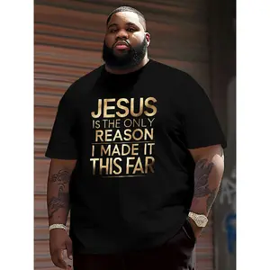 teen clothes Men's Big & Tall Christian T-Shirt with "Jesus is the Reason I Made It This Far" Golden Lettering - 3D Printed Large Church Shirt, Soft Breathable 100% Cotton Tee for Worship, Plus Size Casual Religious Apparel, PLUS SIZE