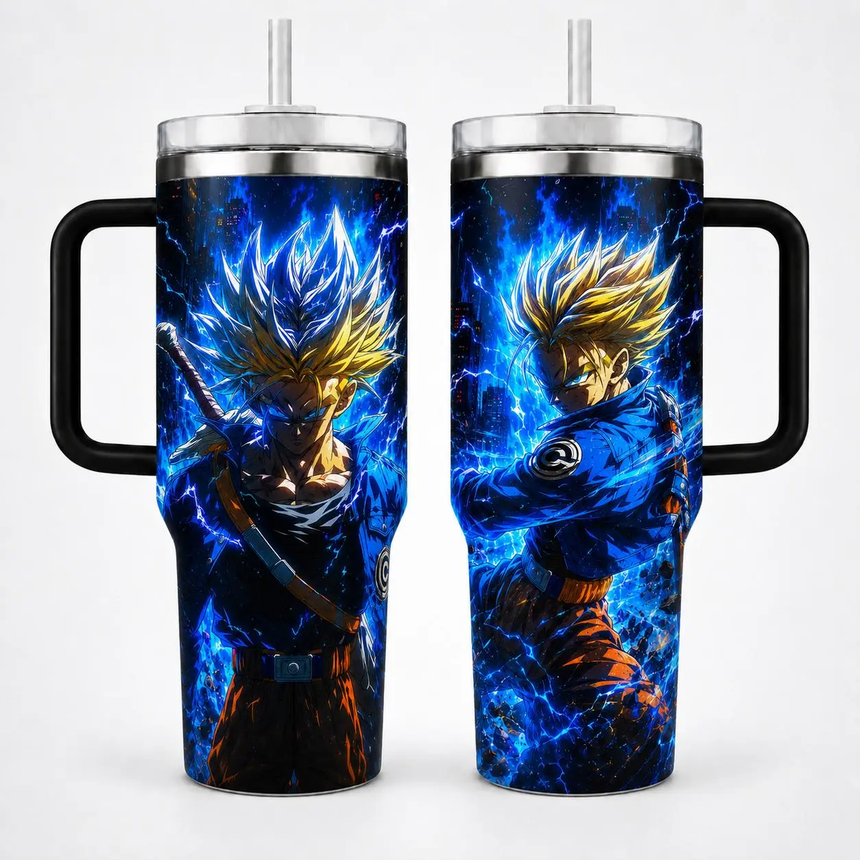 40oz Tumbler with Handle, Blue Lightning Sword Warrior Travel Cup, Super Saiyan Trunks Dragon Anime Fan Gift